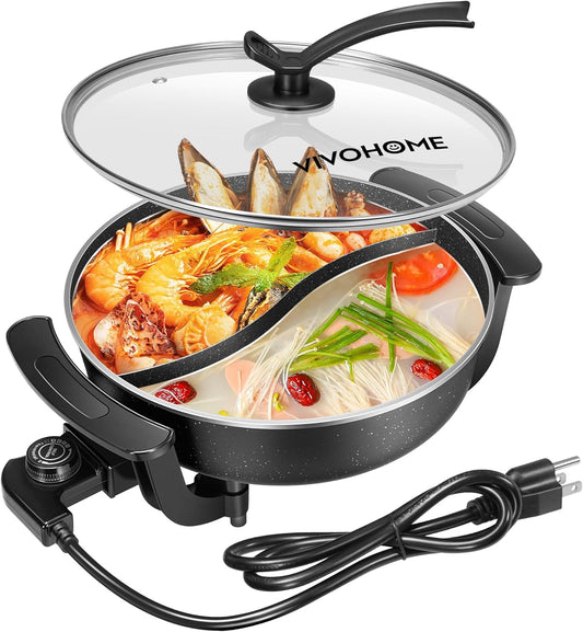 6L VIVOHOME Electric Hot Pot with Divider, Non-Stick Shabu-shabu Hot Pot for 1-6 People Party, Family Dining - BPA Free, Tempered Glass Lid, 110V