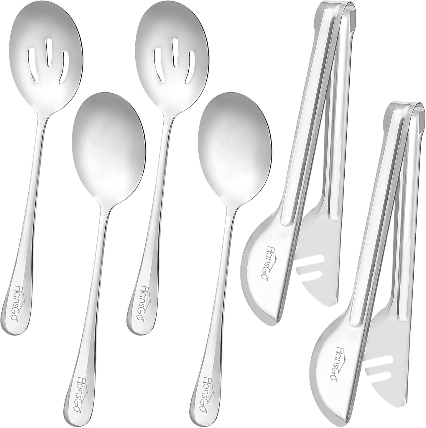 6PCS Stainless Steel Serving Utensils Set - Includes 2 Serving Spoons, 2 Slotted Spoons, 2 Serving Tongs - Ideal for Wedding, Party, Family Dinners