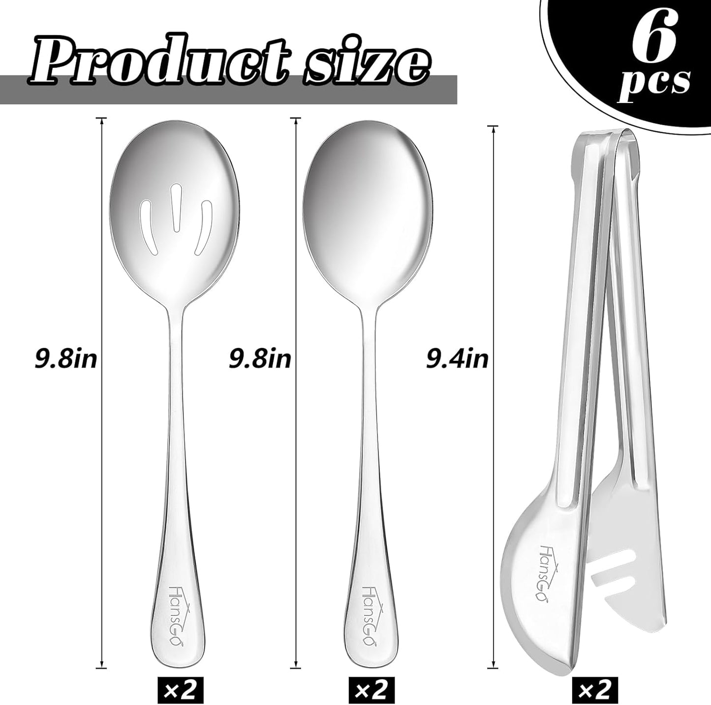 6PCS Stainless Steel Serving Utensils Set - Includes 2 Serving Spoons, 2 Slotted Spoons, 2 Serving Tongs - Ideal for Wedding, Party, Family Dinners