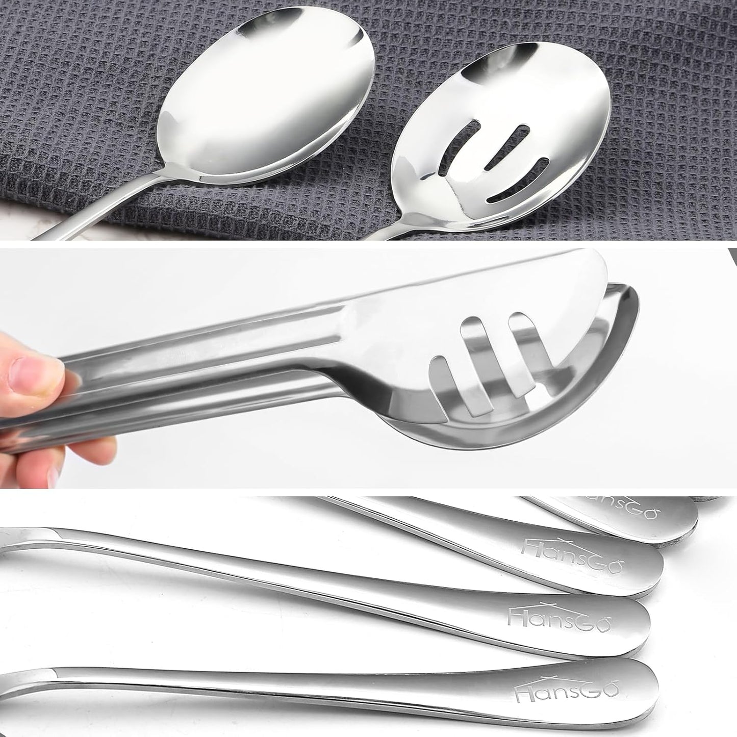 6PCS Stainless Steel Serving Utensils Set - Includes 2 Serving Spoons, 2 Slotted Spoons, 2 Serving Tongs - Ideal for Wedding, Party, Family Dinners