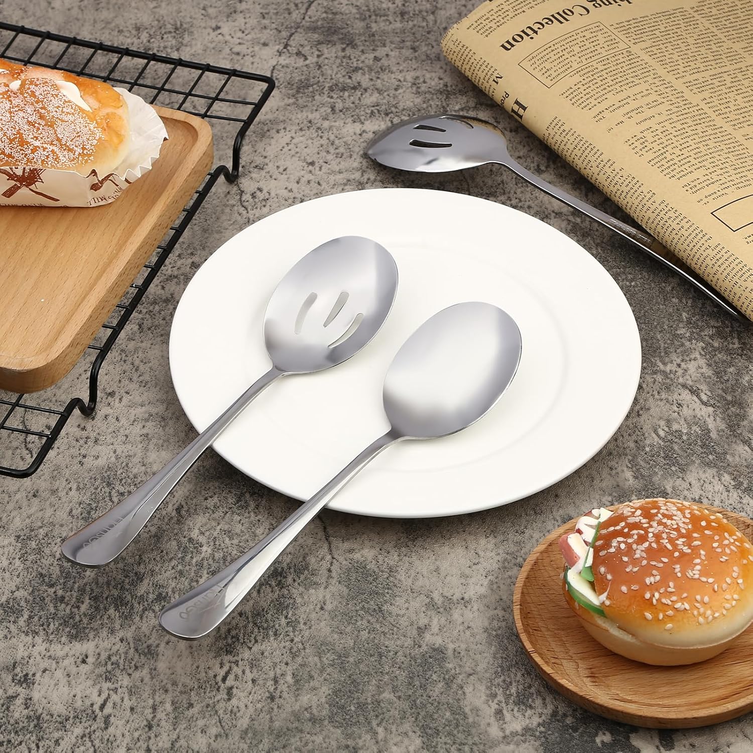 6PCS Stainless Steel Serving Utensils Set - Includes 2 Serving Spoons, 2 Slotted Spoons, 2 Serving Tongs - Ideal for Wedding, Party, Family Dinners