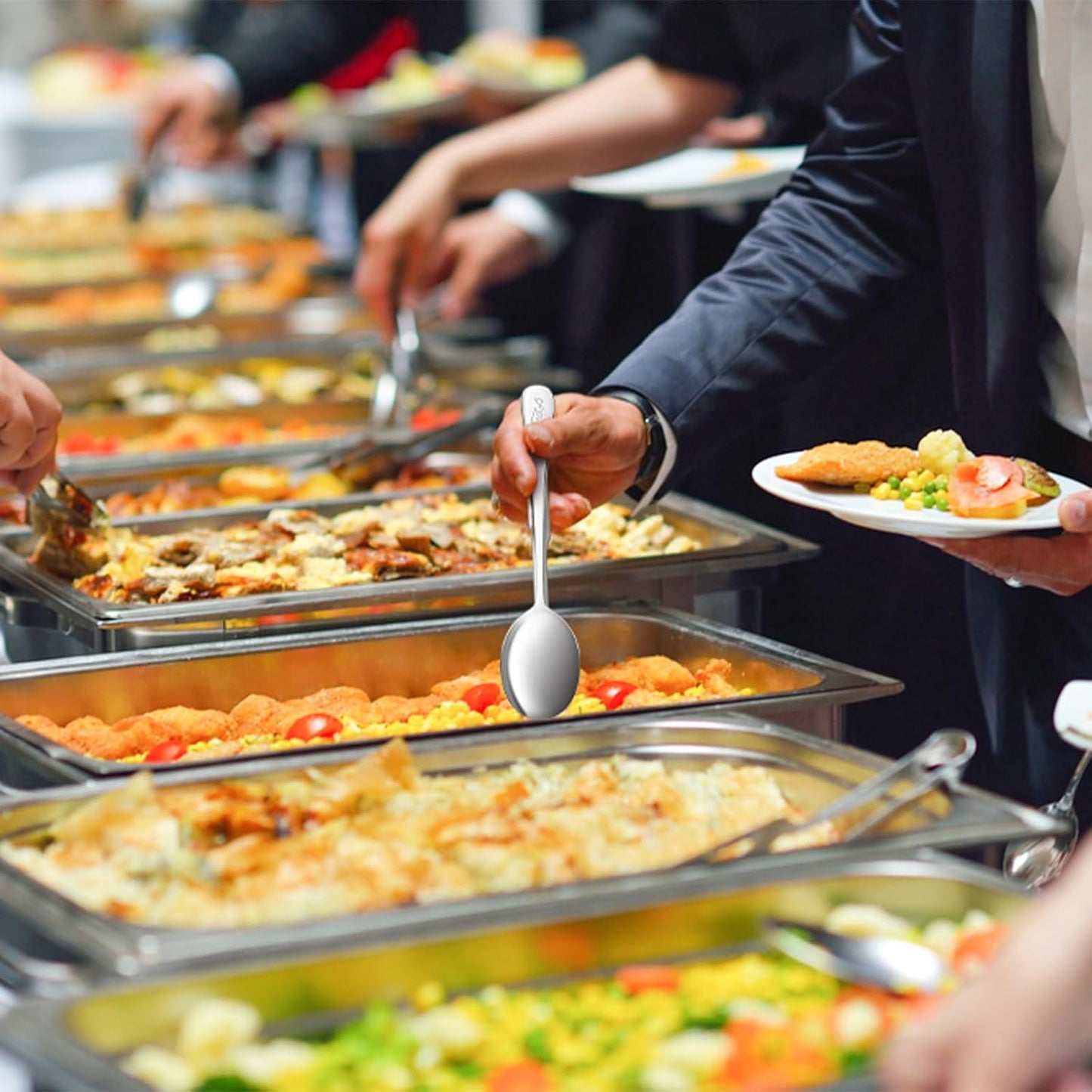 6PCS Stainless Steel Serving Utensils Set - Includes 2 Serving Spoons, 2 Slotted Spoons, 2 Serving Tongs - Ideal for Wedding, Party, Family Dinners