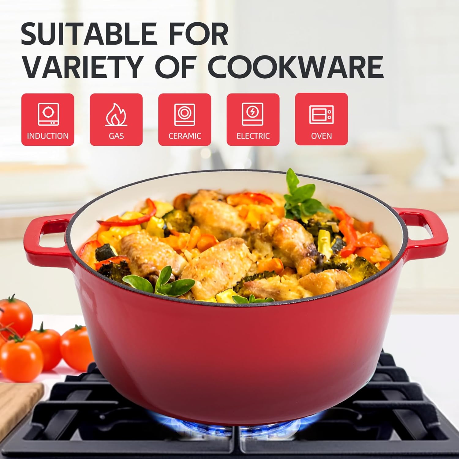 6QT Enameled Cast Iron Dutch Oven Pot with Lid - Oven Safe up to 500°F - Red Classic Round Pot for Versatile Cooking
