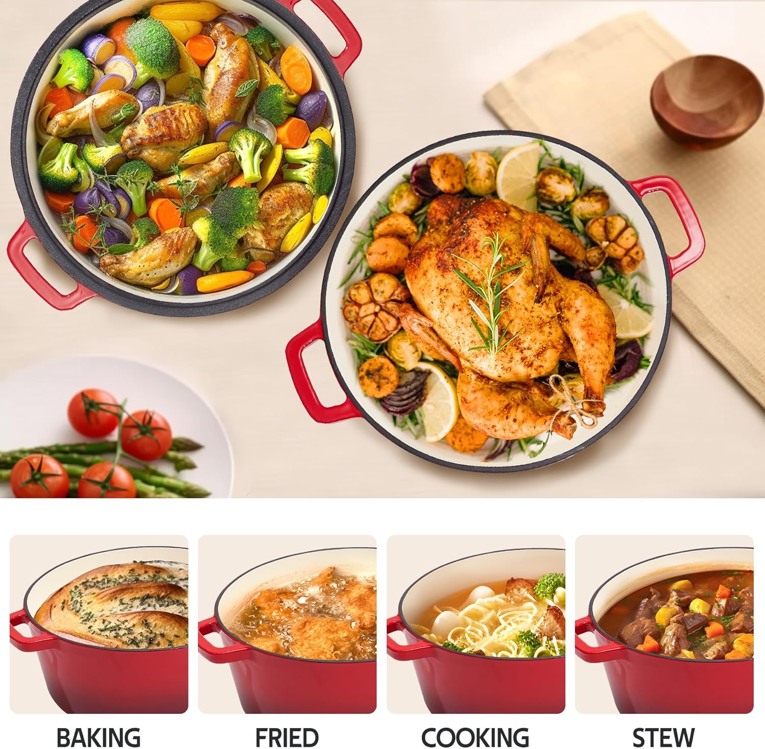 6QT Enameled Cast Iron Dutch Oven Pot with Lid - Oven Safe up to 500°F - Red Classic Round Pot for Versatile Cooking