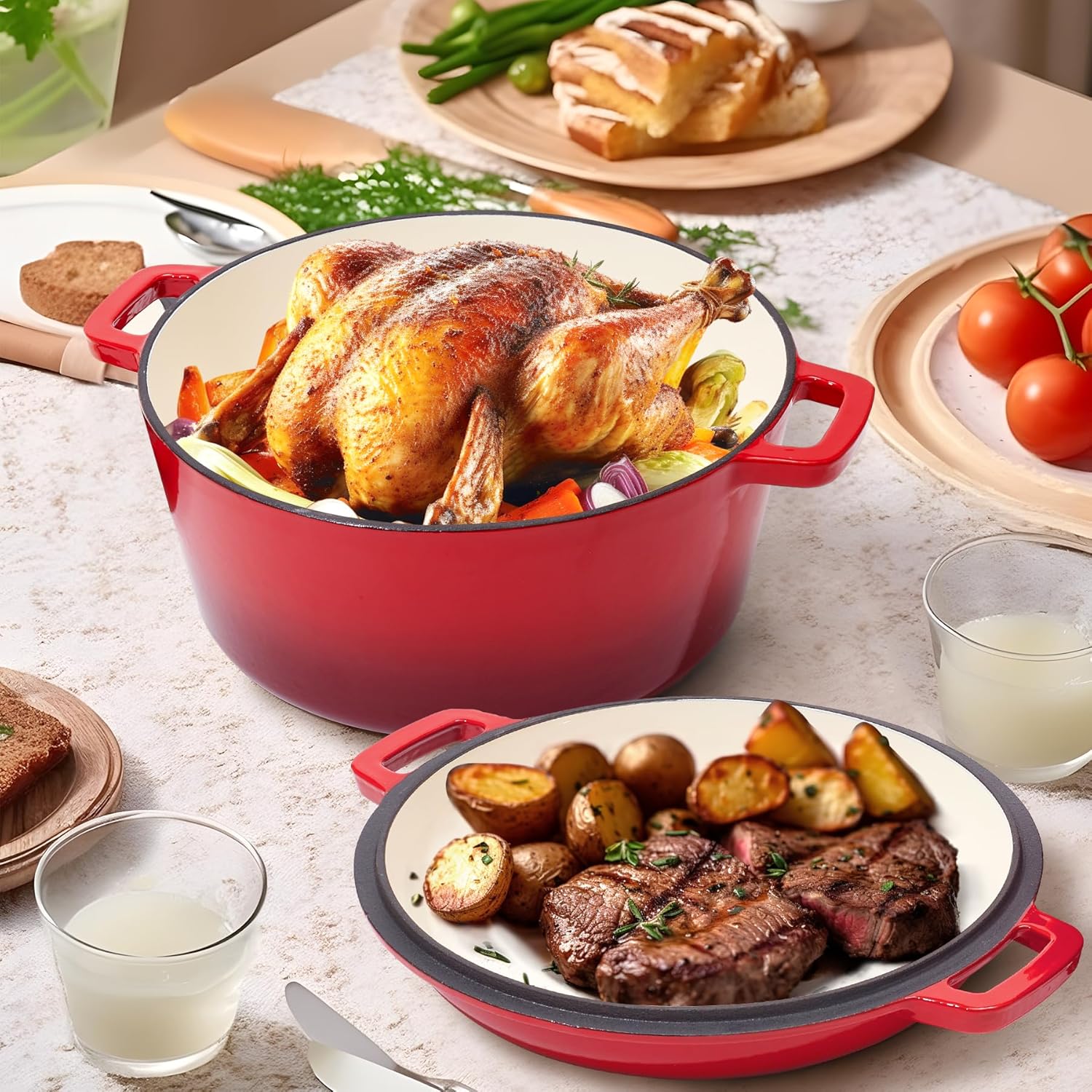6QT Enameled Cast Iron Dutch Oven Pot with Lid - Oven Safe up to 500°F - Red Classic Round Pot for Versatile Cooking