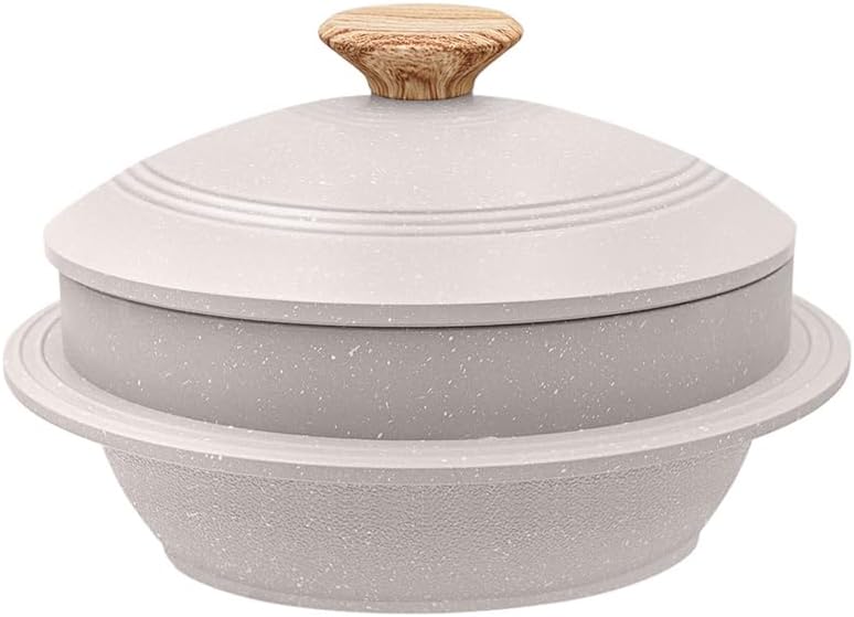 7" Bobikuke Cast Aluminum Non-Stick Casserole Pot with Lid - Korean Stone Bowl Design - Induction Compatible - White