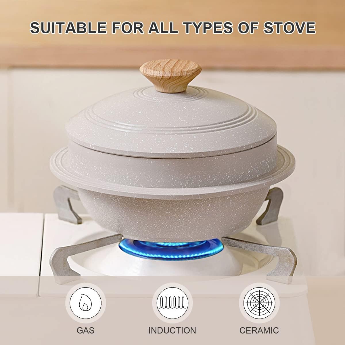7" Bobikuke Cast Aluminum Non-Stick Casserole Pot with Lid - Korean Stone Bowl Design - Induction Compatible - White