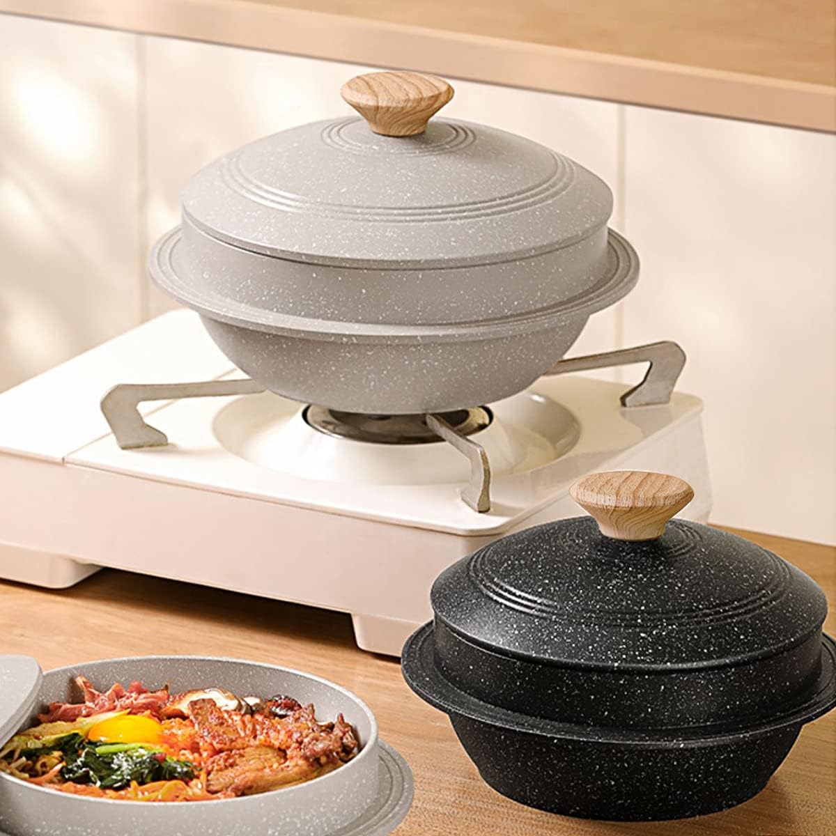 7" Bobikuke Cast Aluminum Non-Stick Casserole Pot with Lid - Korean Stone Bowl Design - Induction Compatible - White