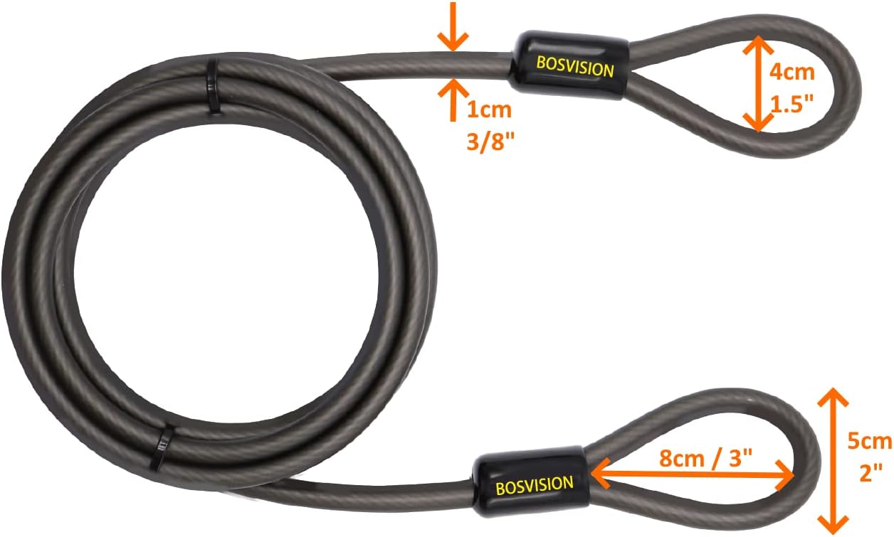 7-FT Bosvision Heavy-Duty Security Cable, Vinyl Coated Braided Steel, 10mm (3/8 inches), Bike Lock Cable