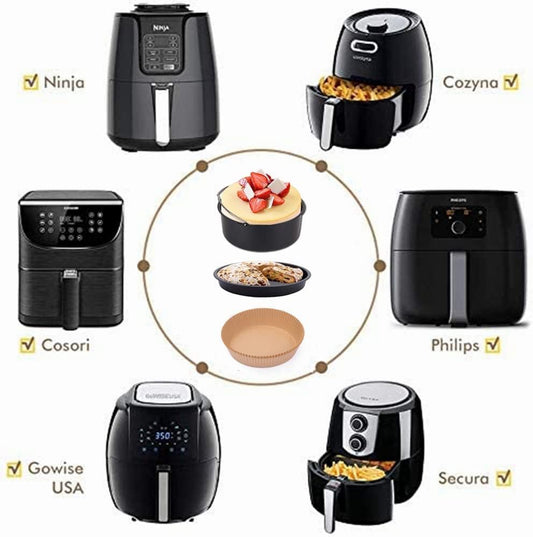 7 Inch Air Fryer Accessories Set for Ninja Gowise Cosori Phillips Cozyna Gourmia Zeny - Cake Barrel, Pizza Pan, Baking Paper, Silicone Brush - 50 Pcs