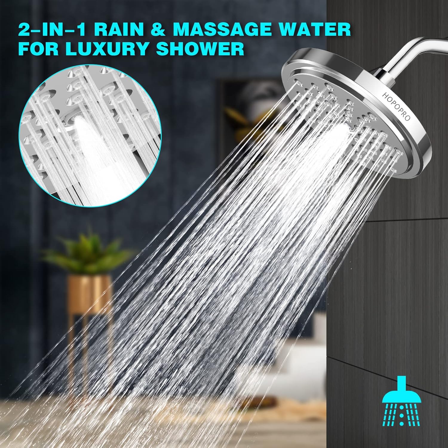 7 Inch High Flow Shower Head with High Pressure Rainfall Spray - Tool-free Installation - Adjustable Luxury Chrome Shower Head