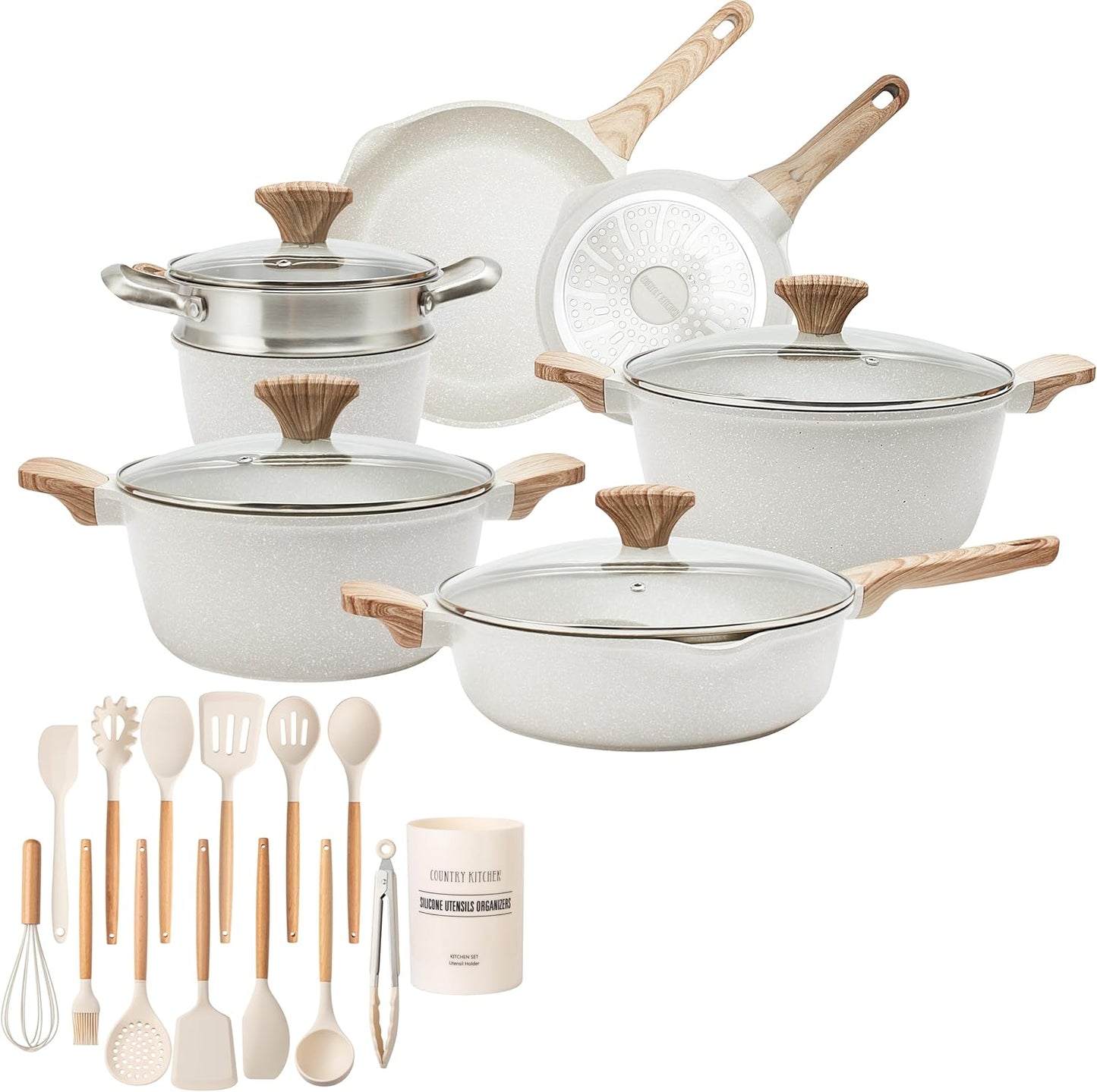 7 Piece Country Kitchen Cookware Set with Steamer, Frying Pans, and 14 Piece Utensils Bundle