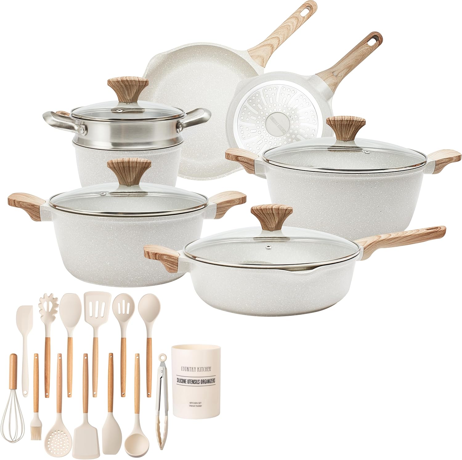 7 Piece Country Kitchen Cookware Set with Steamer, Frying Pans, and 14 Piece Utensils Bundle