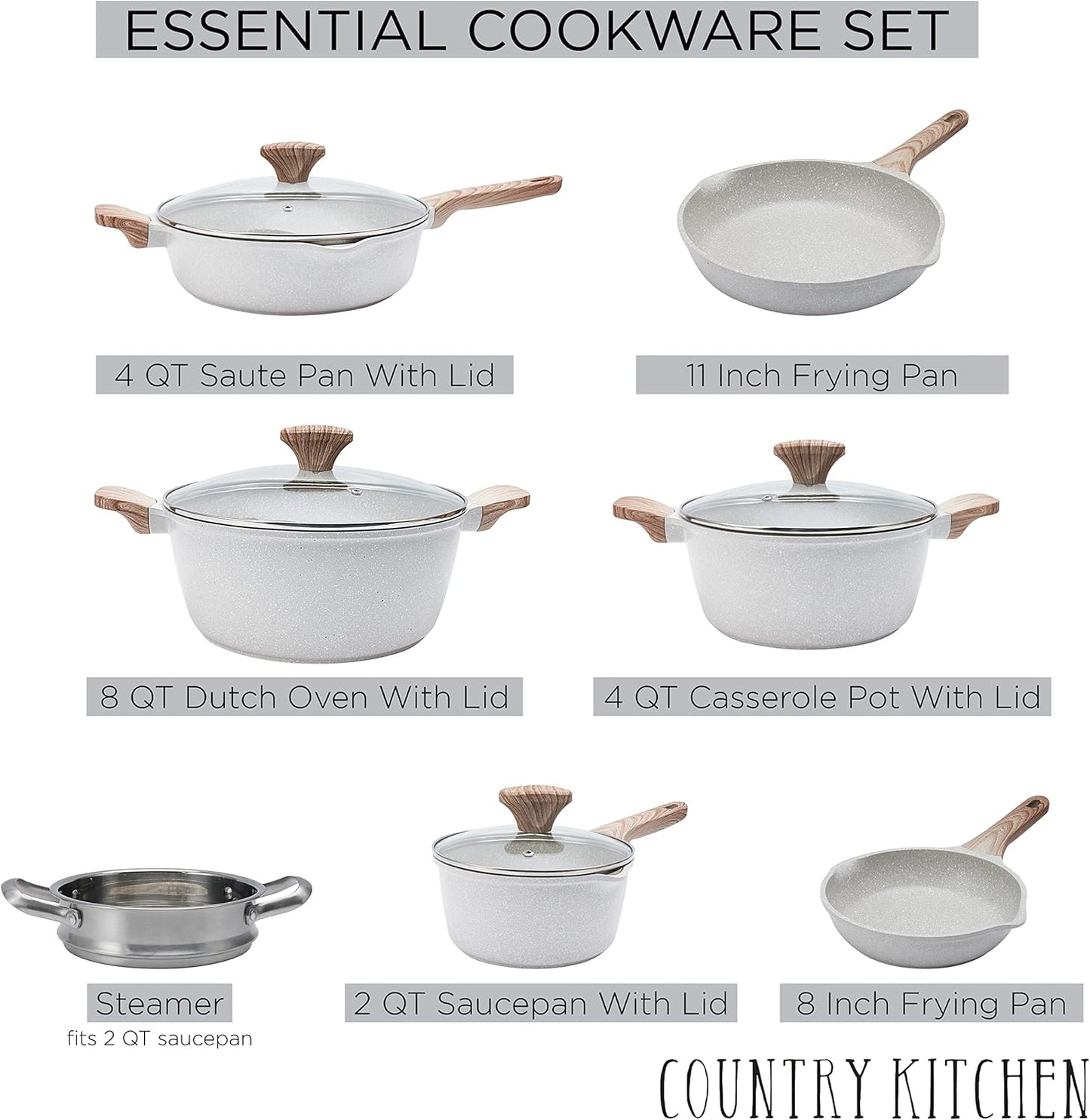 7 Piece Country Kitchen Cookware Set with Steamer, Frying Pans, and 14 Piece Utensils Bundle