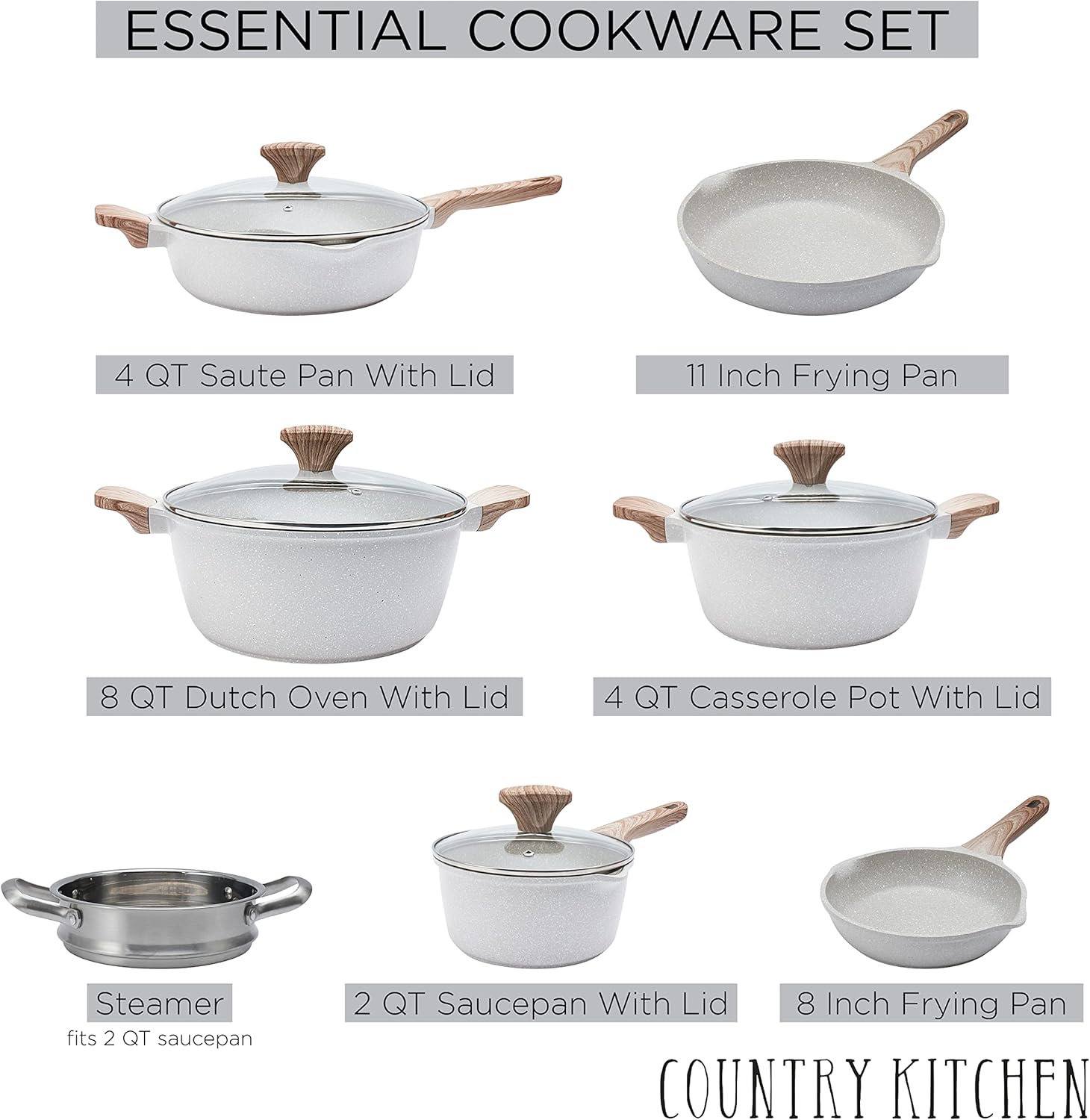 7 Piece Country Kitchen Cookware Set with Steamer, Frying Pans, and 14 Piece Utensils Bundle