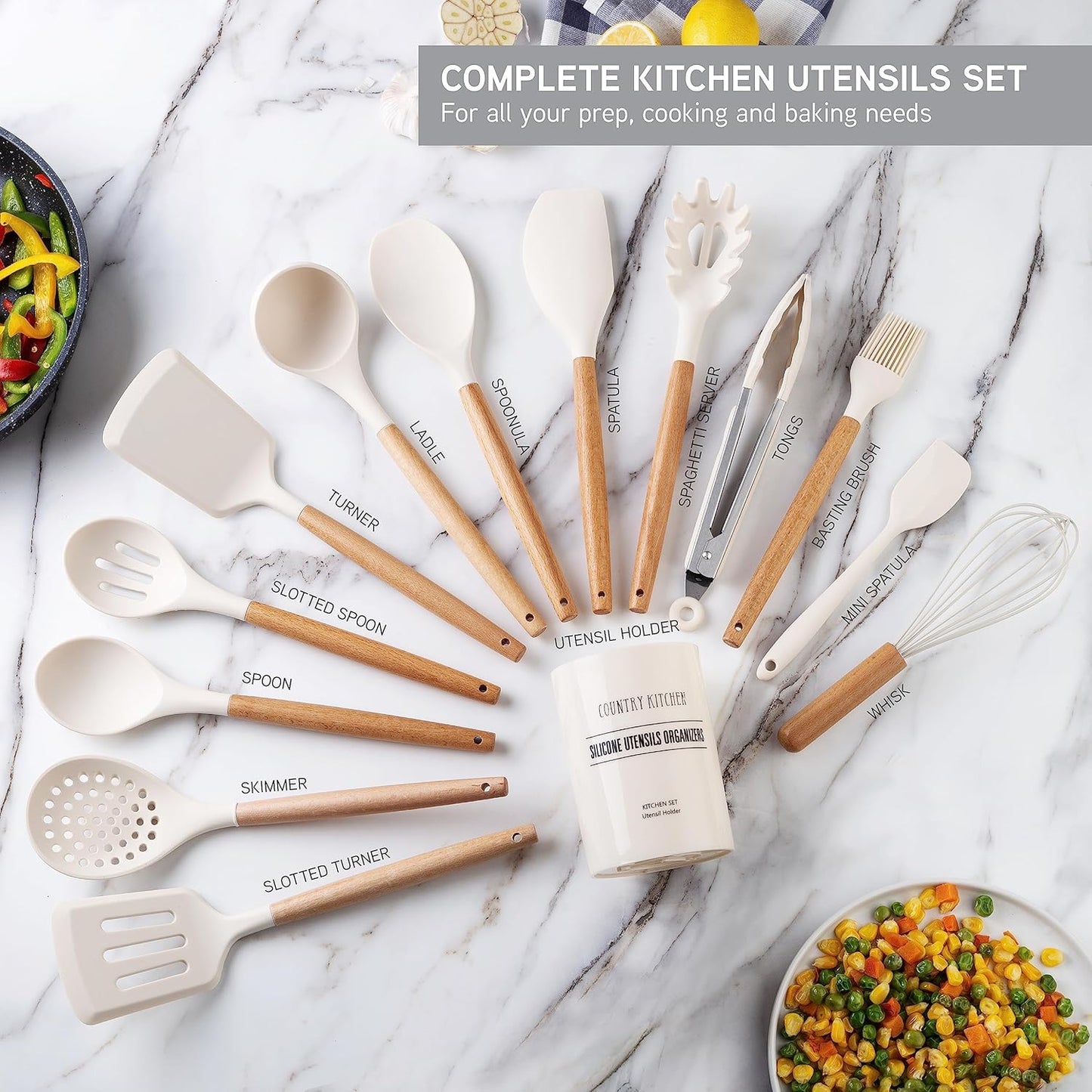 7 Piece Country Kitchen Cookware Set with Steamer, Frying Pans, and 14 Piece Utensils Bundle