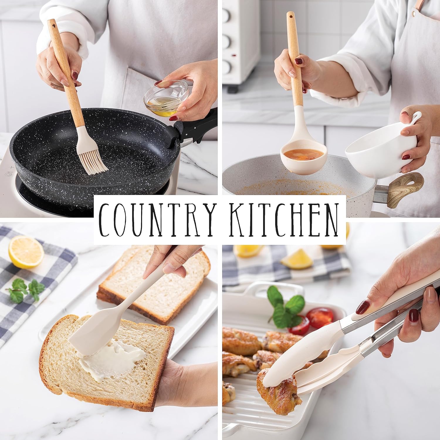 7 Piece Country Kitchen Cookware Set with Steamer, Frying Pans, and 14 Piece Utensils Bundle