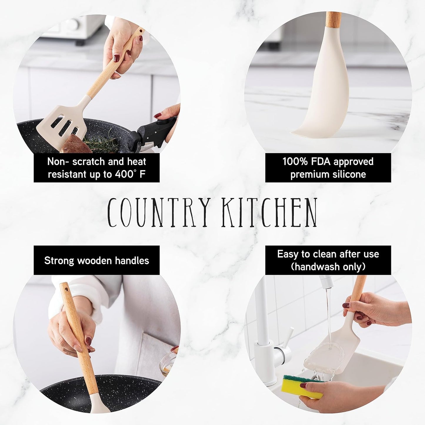 7 Piece Country Kitchen Cookware Set with Steamer, Frying Pans, and 14 Piece Utensils Bundle