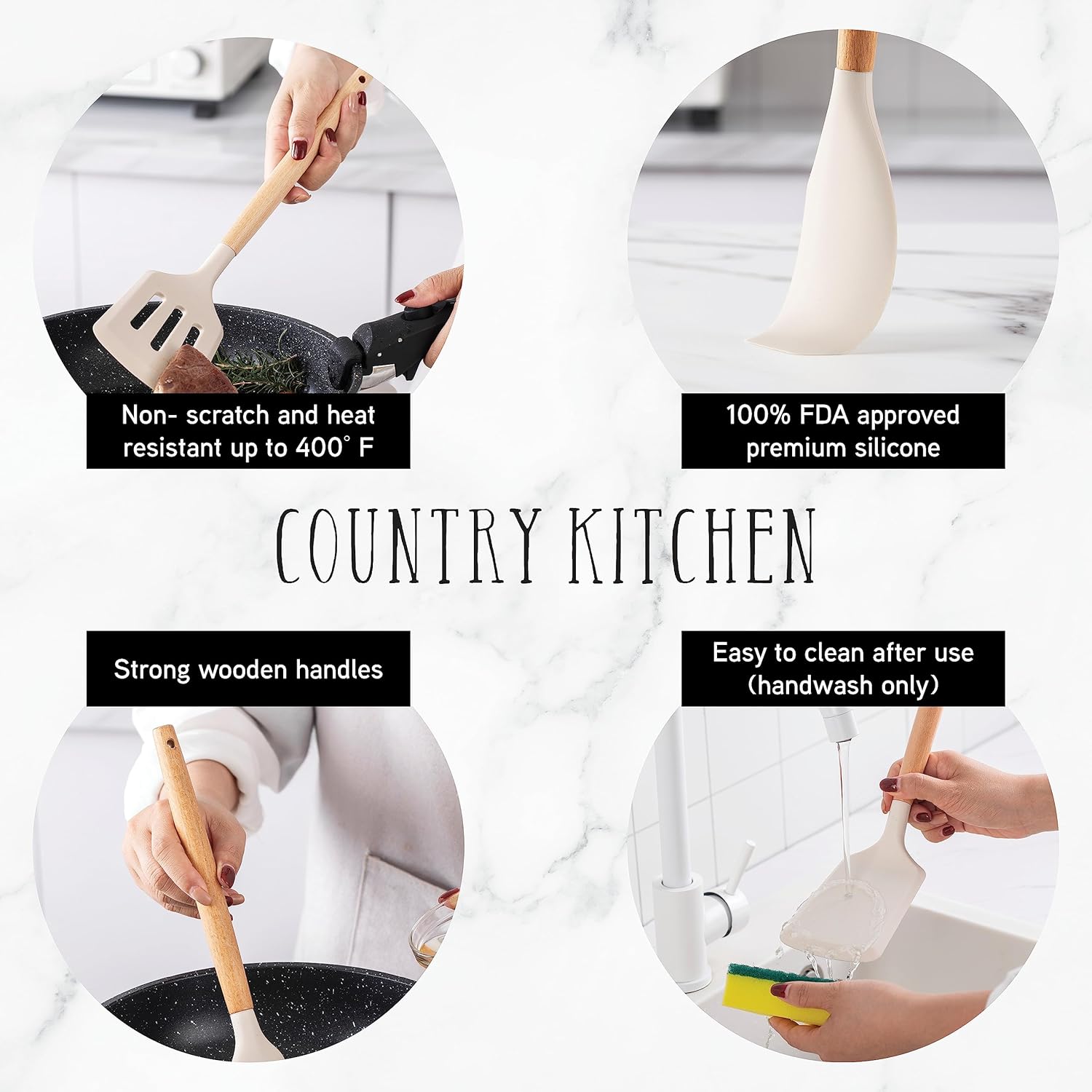 7 Piece Country Kitchen Cookware Set with Steamer, Frying Pans, and 14 Piece Utensils Bundle