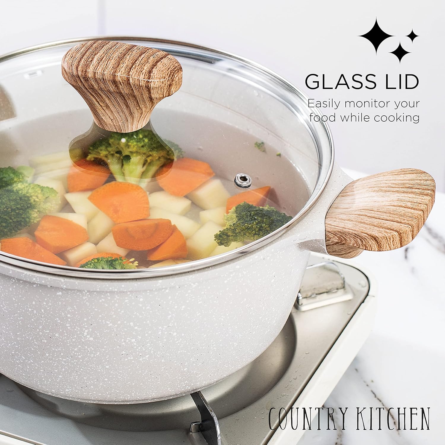 7 Piece Country Kitchen Cookware Set with Steamer, Frying Pans, and 14 Piece Utensils Bundle