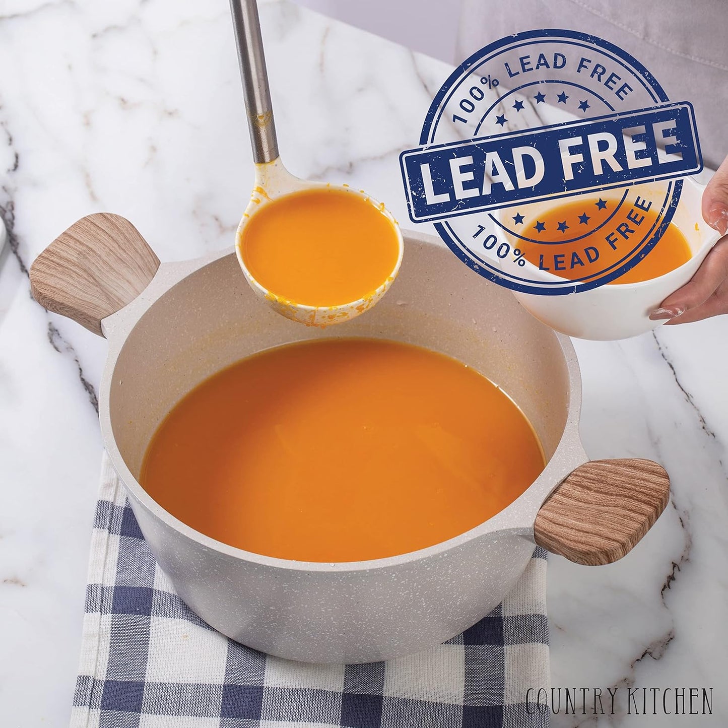 7 Piece Country Kitchen Cookware Set with Steamer, Frying Pans, and 14 Piece Utensils Bundle