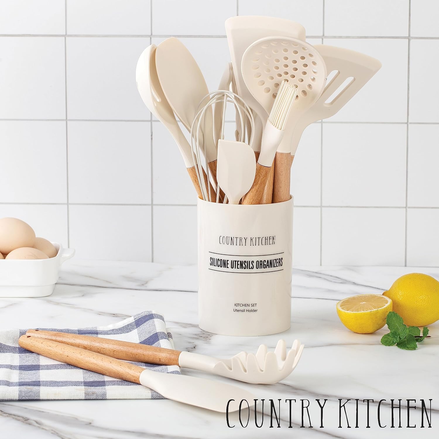 7 Piece Country Kitchen Cookware Set with Steamer, Frying Pans, and 14 Piece Utensils Bundle