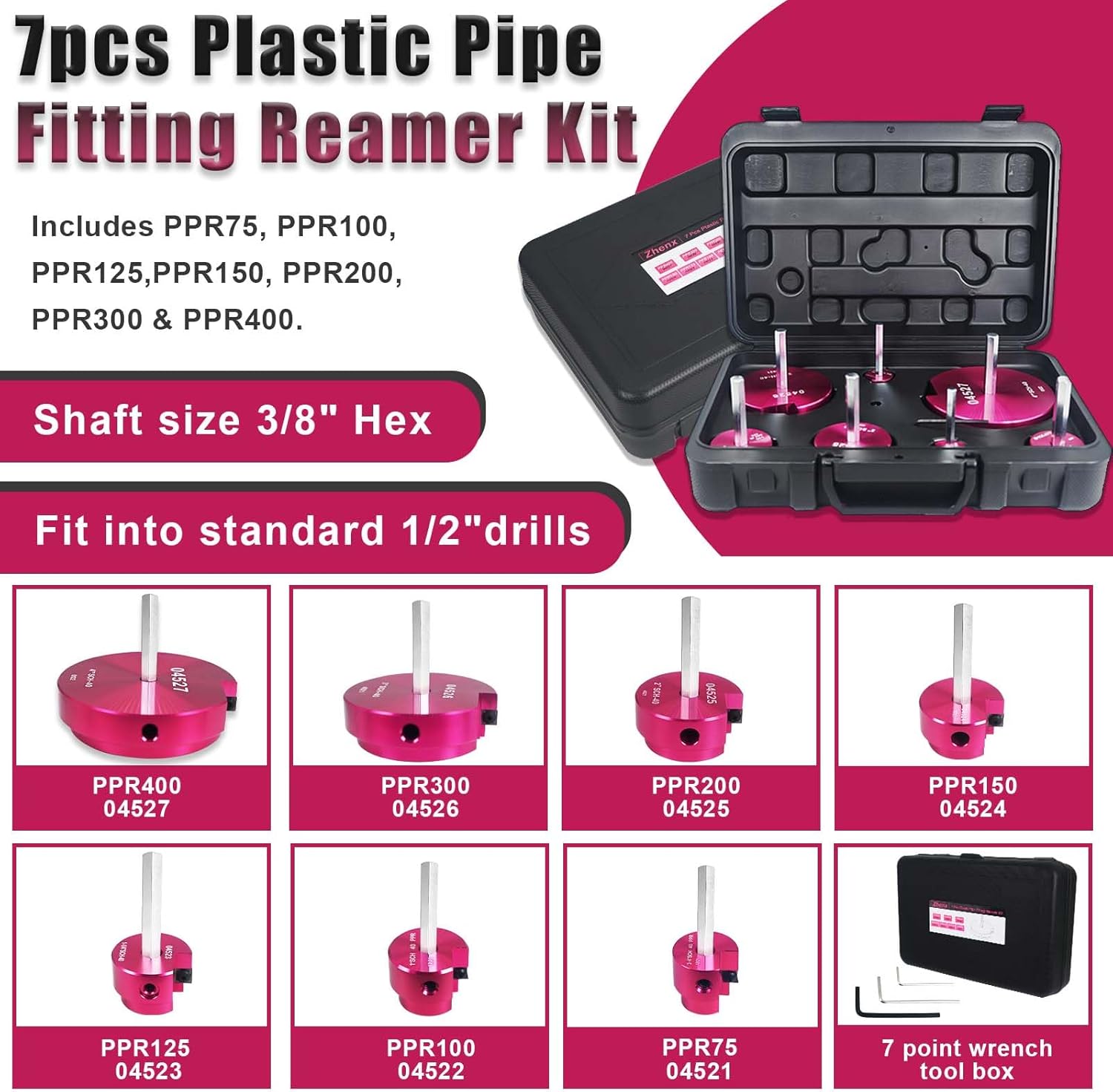 7-Piece PVC Pipe Fitting Reamer Kit with Various Sizes - Fits 1/2" Drills - Includes Tool Box