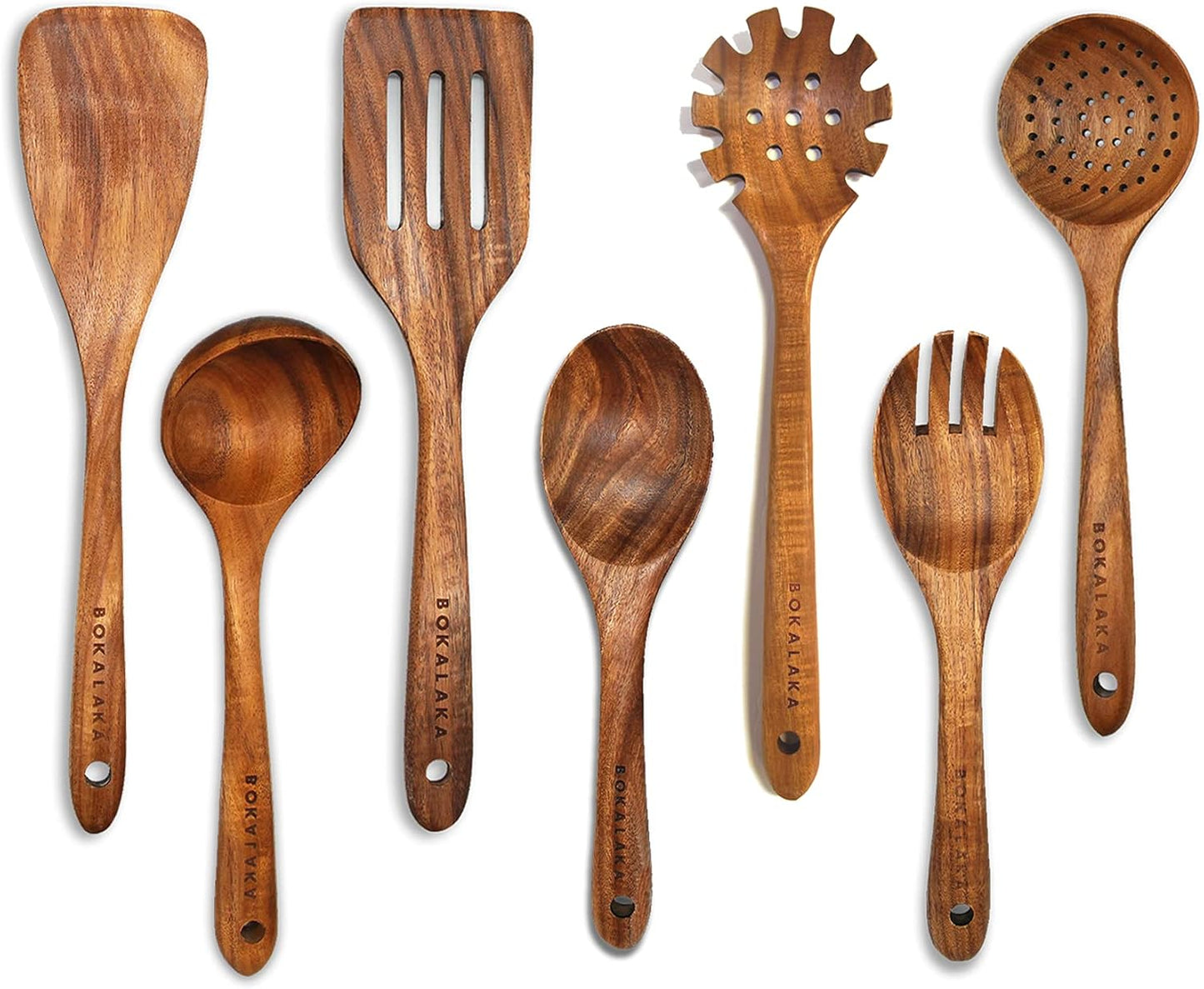 7-Piece Teak Wooden Kitchen Utensil Set for Cooking - BOKALAKA Wooden Spoons and Spatula