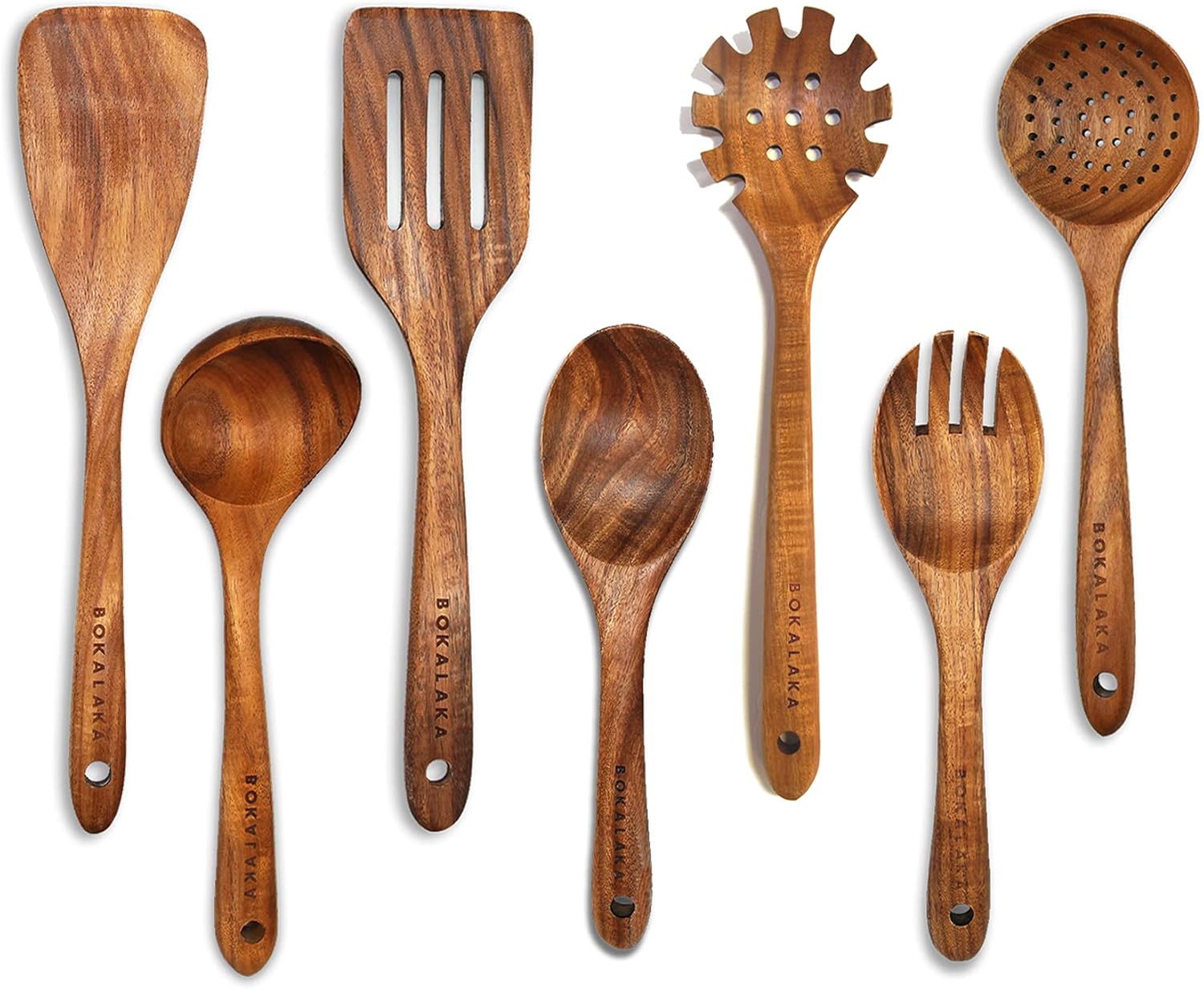 7-Piece Teak Wooden Kitchen Utensil Set for Cooking - BOKALAKA Wooden Spoons and Spatula