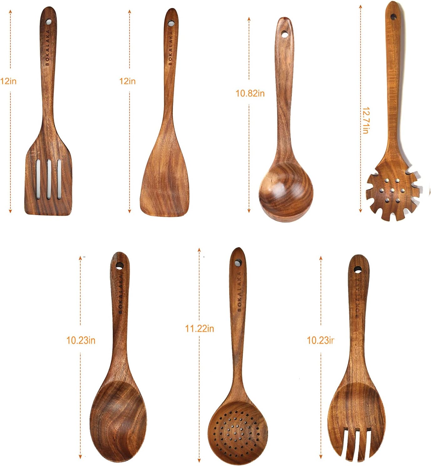 7-Piece Teak Wooden Kitchen Utensil Set for Cooking - BOKALAKA Wooden Spoons and Spatula