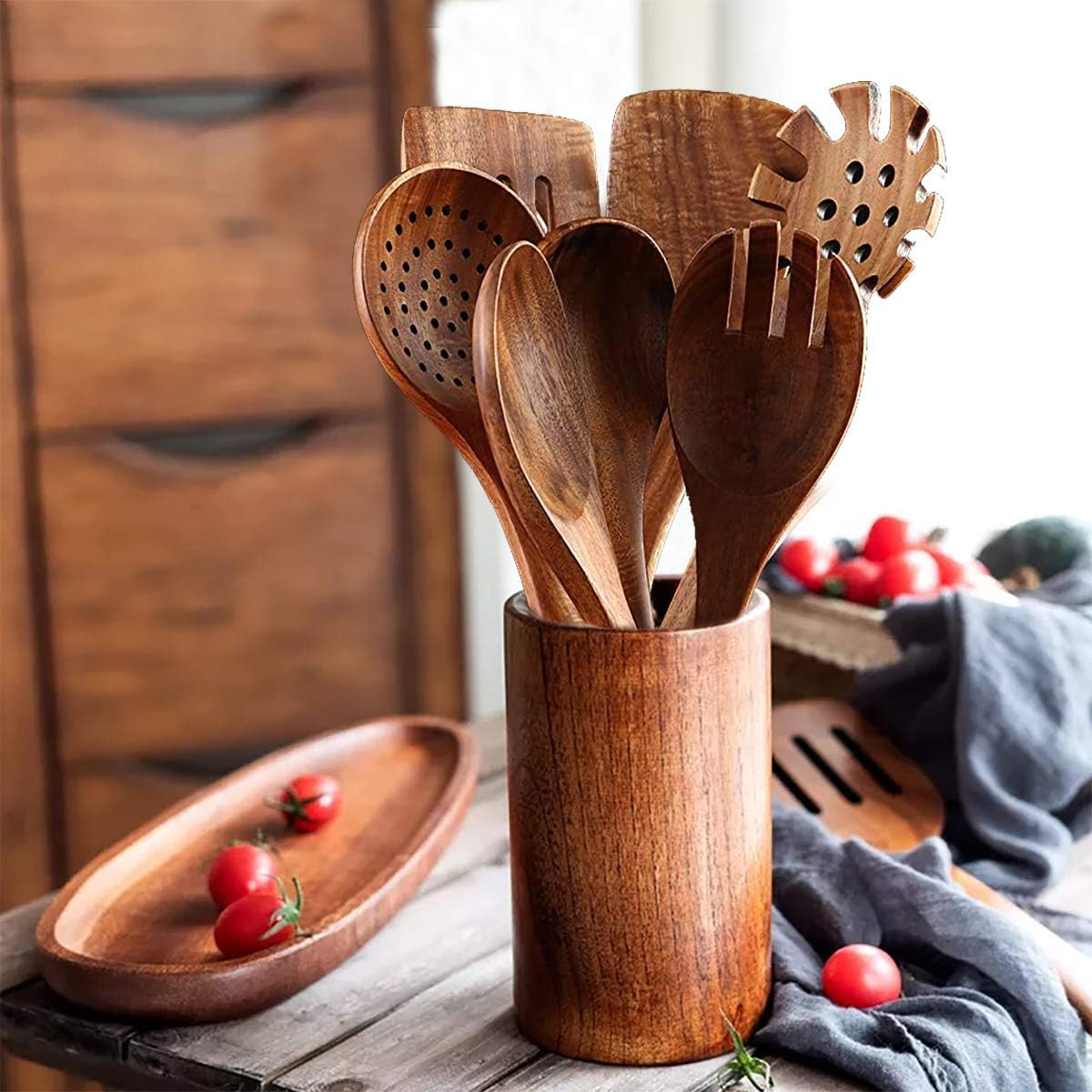 7-Piece Teak Wooden Kitchen Utensil Set for Cooking - BOKALAKA Wooden Spoons and Spatula