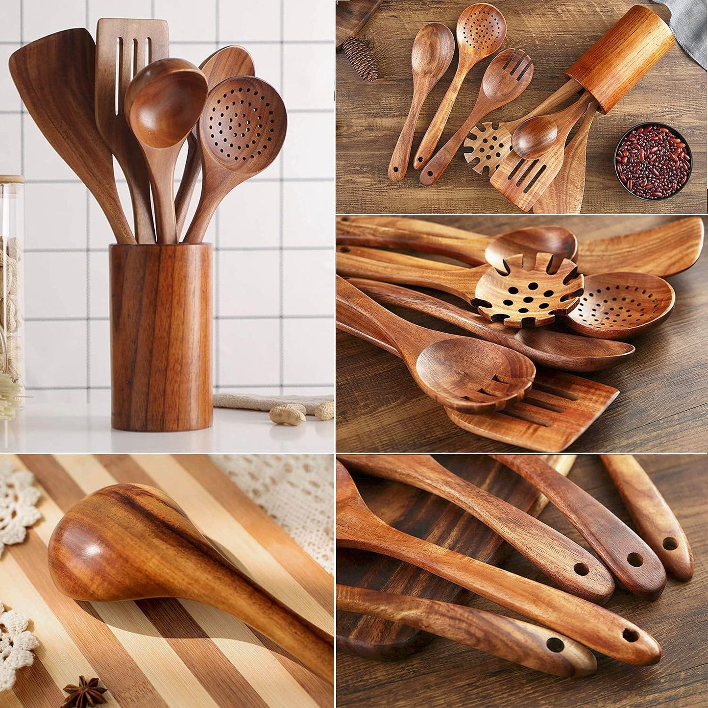 7-Piece Teak Wooden Kitchen Utensil Set for Cooking - BOKALAKA Wooden Spoons and Spatula