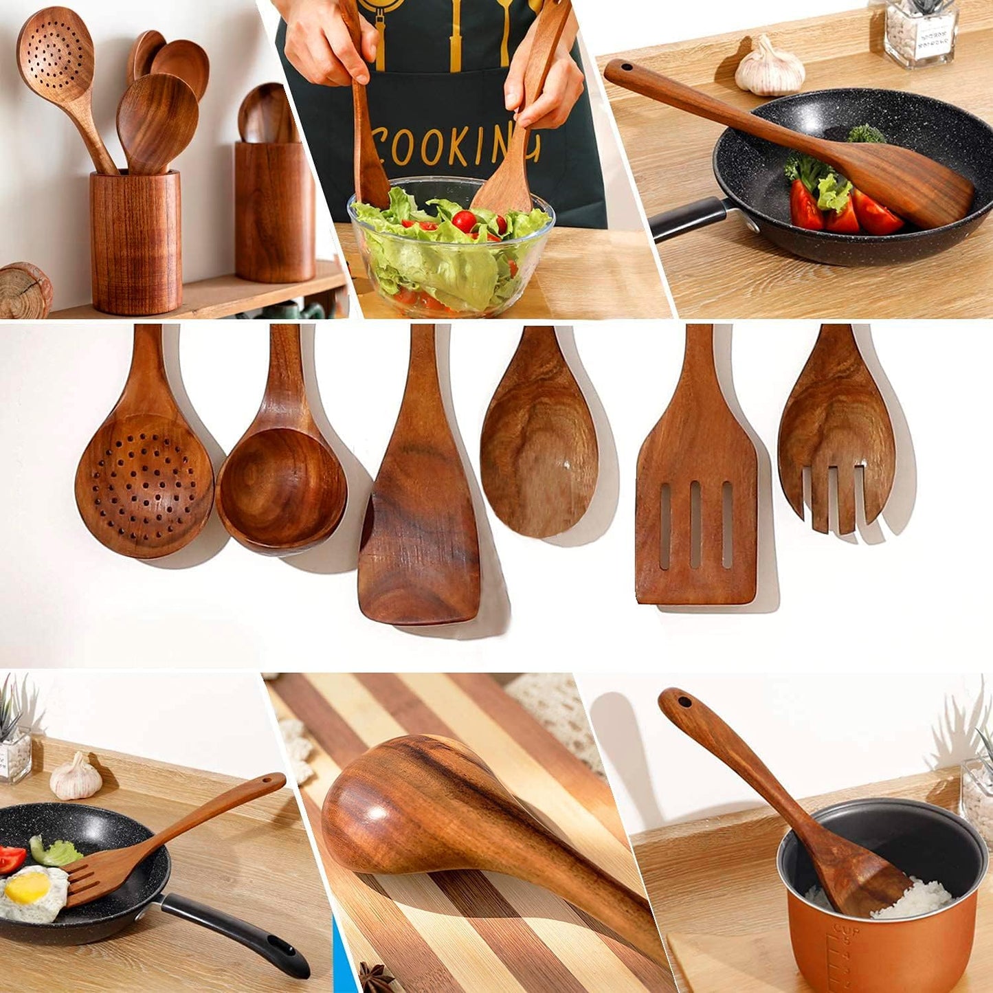 7-Piece Teak Wooden Kitchen Utensil Set for Cooking - BOKALAKA Wooden Spoons and Spatula