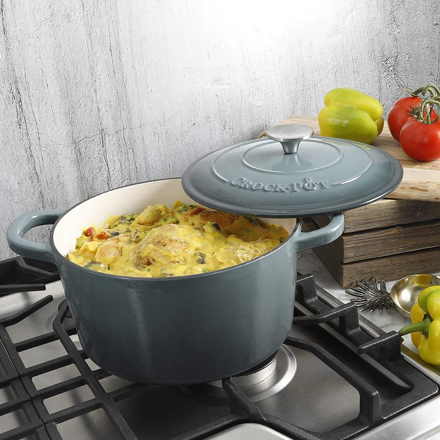 7-Quart Slate Gray Crock-Pot Artisan Round Enameled Cast Iron Dutch Oven