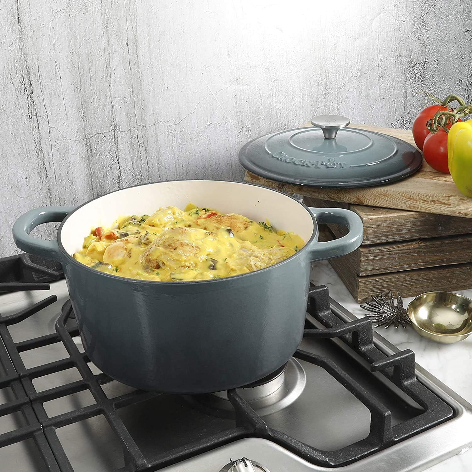 7-Quart Slate Gray Crock-Pot Artisan Round Enameled Cast Iron Dutch Oven