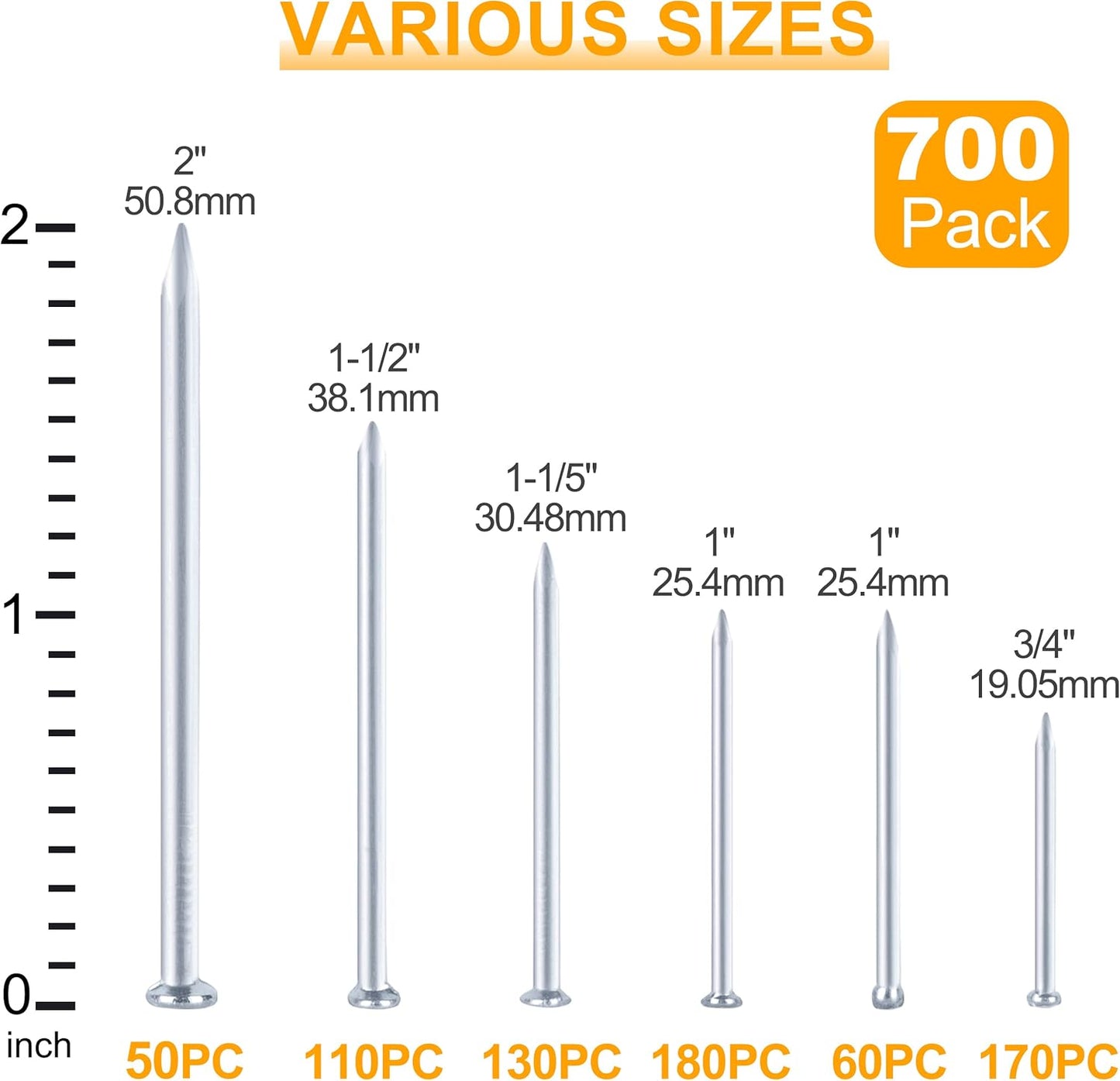 700pc Picture Hanging Nails Assorted Kit - 2" Finish Nails for Drywall & Wood, 640 Frame Nails + 60 Finishing Nails - Silver - WildKart