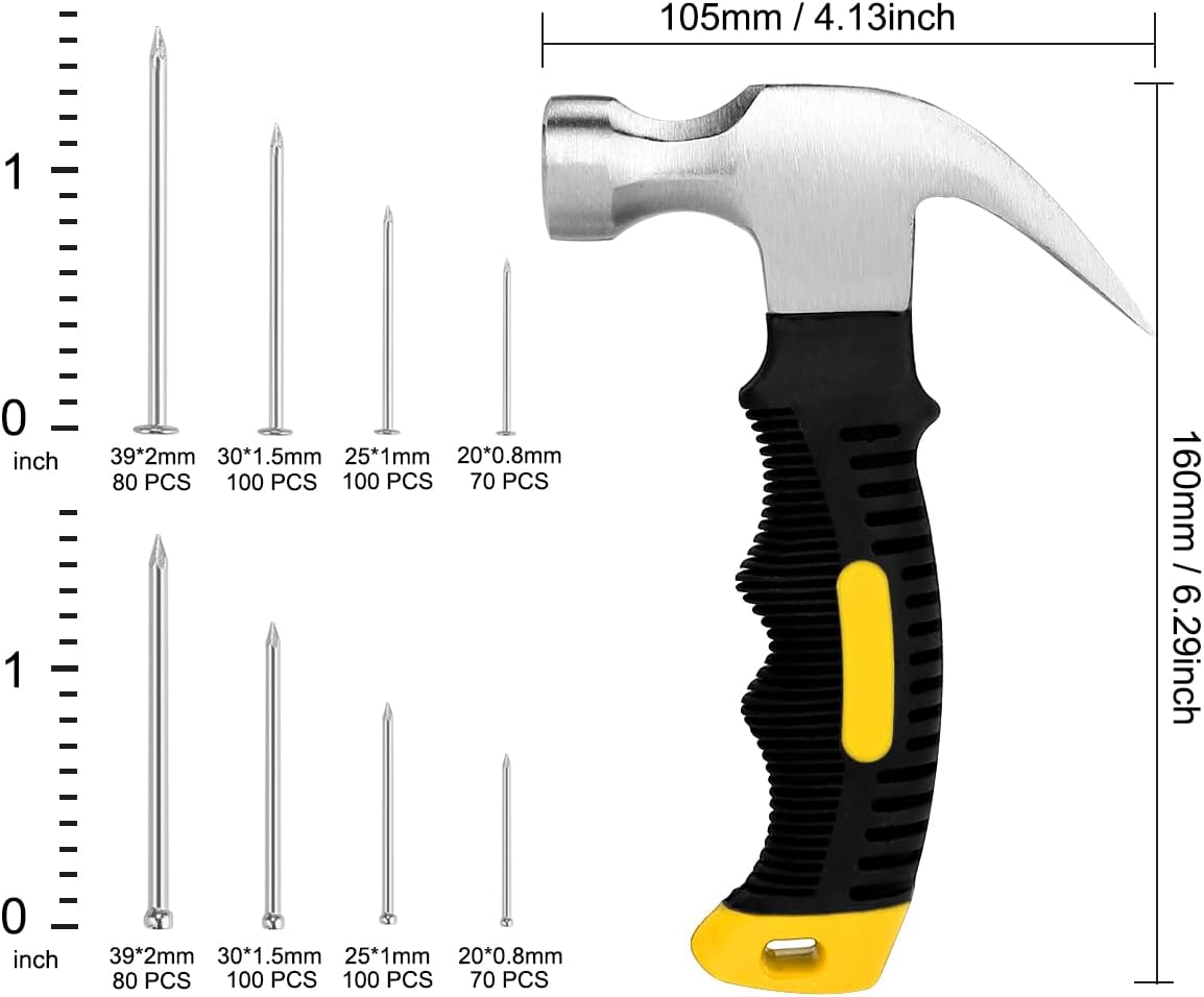 700PCs Small Nails Assortment Kit with Mini Hammer for Hanging Pictures - Includes 280 Wall Nails & 280 Finishing Nails - Picture Hangers for Drywall - WildKart