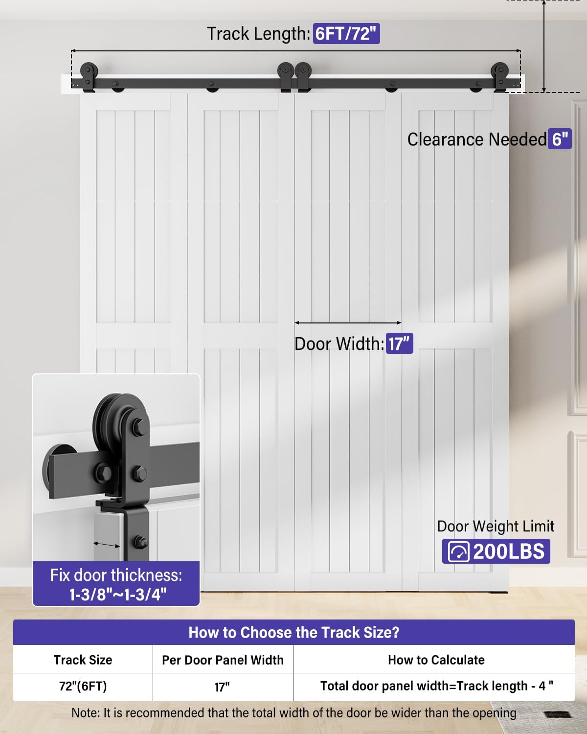 72" Bifold Sliding Barn Door Hardware Kit - Top Mount Roller, Easy Install - Smooth & Quiet Slide - 4x17" Closet Doors
