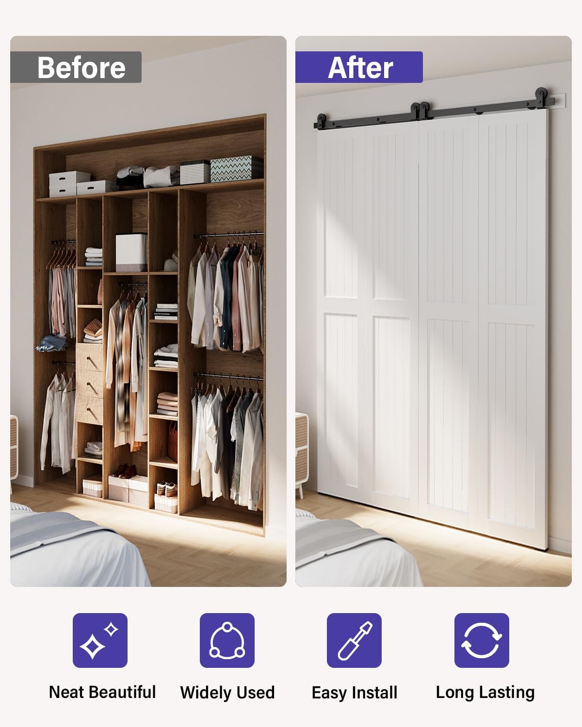 72" Bifold Sliding Barn Door Hardware Kit - Top Mount Roller, Easy Install - Smooth & Quiet Slide - 4x17" Closet Doors