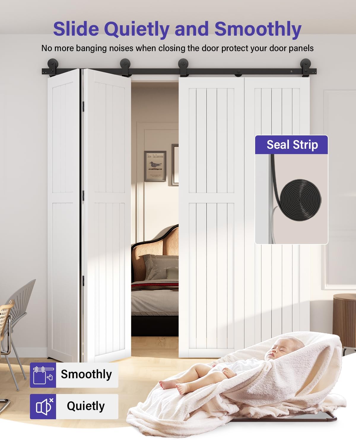 72" Bifold Sliding Barn Door Hardware Kit - Top Mount Roller, Easy Install - Smooth & Quiet Slide - 4x17" Closet Doors