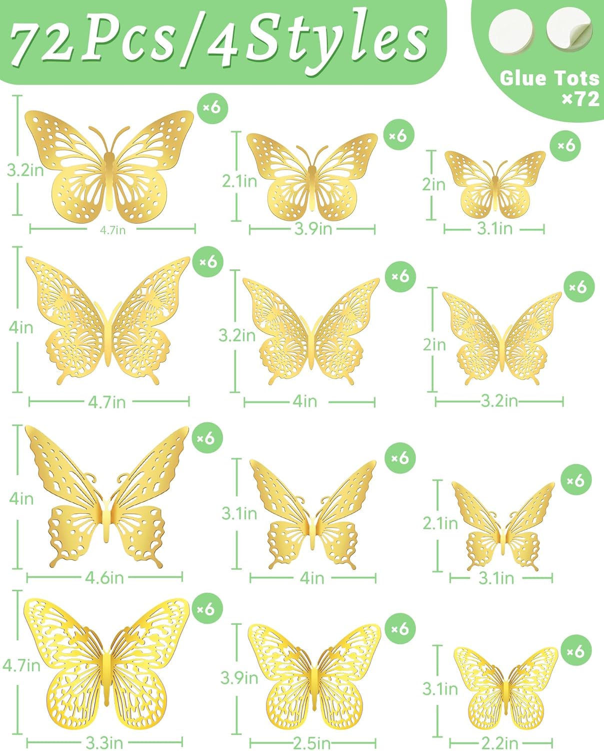 72-Piece Gold 3D Butterfly Wall Decor Set - Removable Room Stickers for Birthday & Garden Party Decor