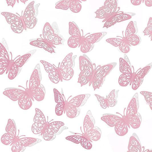 72 Pink 3D Butterfly Wall Decor Set - Various Sizes for Girls' Bedroom, Bathroom, Living Room - Birthday Party Decorations for Kids