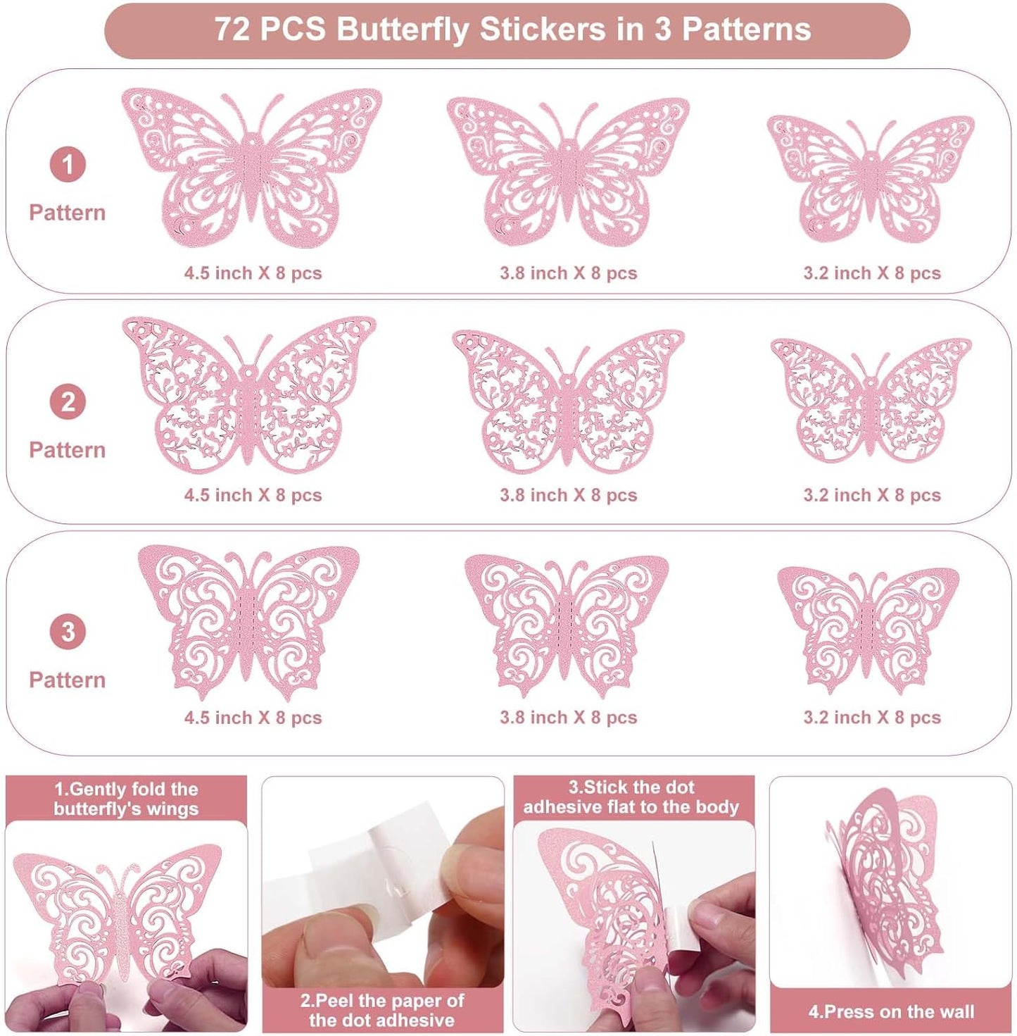 72 Pink 3D Butterfly Wall Decor Set - Various Sizes for Girls' Bedroom, Bathroom, Living Room - Birthday Party Decorations for Kids