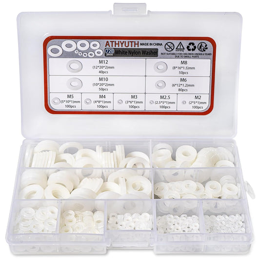 720 Pcs Nylon Flat Washers Assortment Kit for Mechanical and Electrical Use - 9 Sizes White Plastic Washers for M2-M12 Screw and Bolt