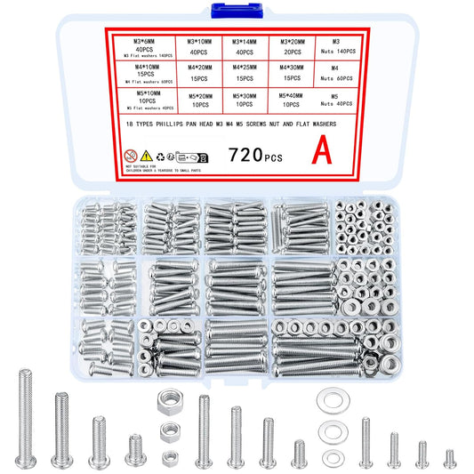 720-Piece Carbon Steel Screws Bolts Nuts Washers Assortment Kit with Storage Case - M3 M4 M5 Assorted Cross Pan Head Machine Screws