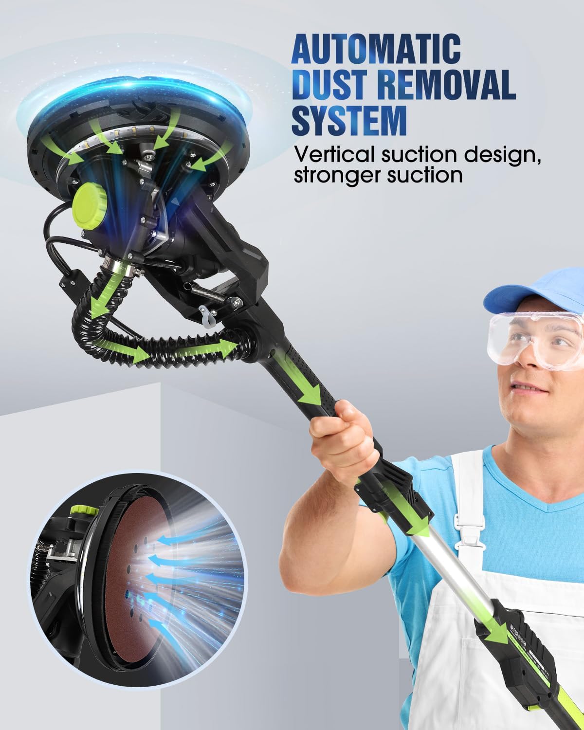 7.2A Electric Drywall Sander with Vacuum Dust Collection, LED Light, 6 Speeds, Foldable Handle, 9 Discs, 3 Sandpapers