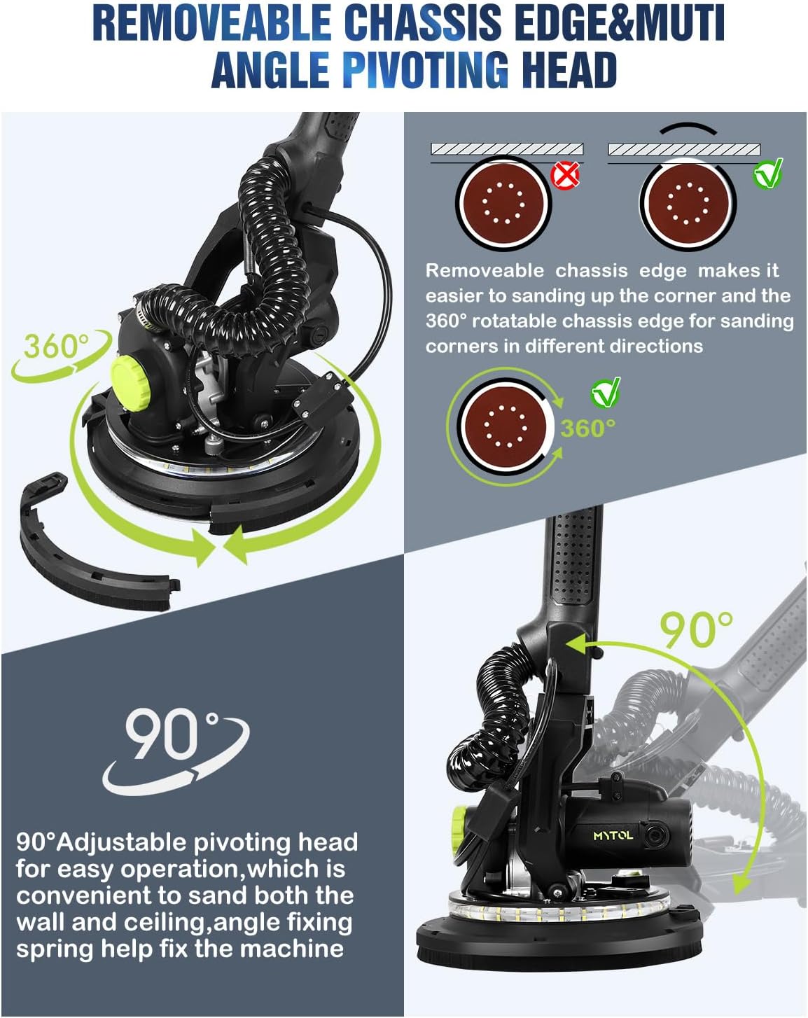 7.2A Electric Drywall Sander with Vacuum Dust Collection, LED Light, 6 Speeds, Foldable Handle, 9 Discs, 3 Sandpapers