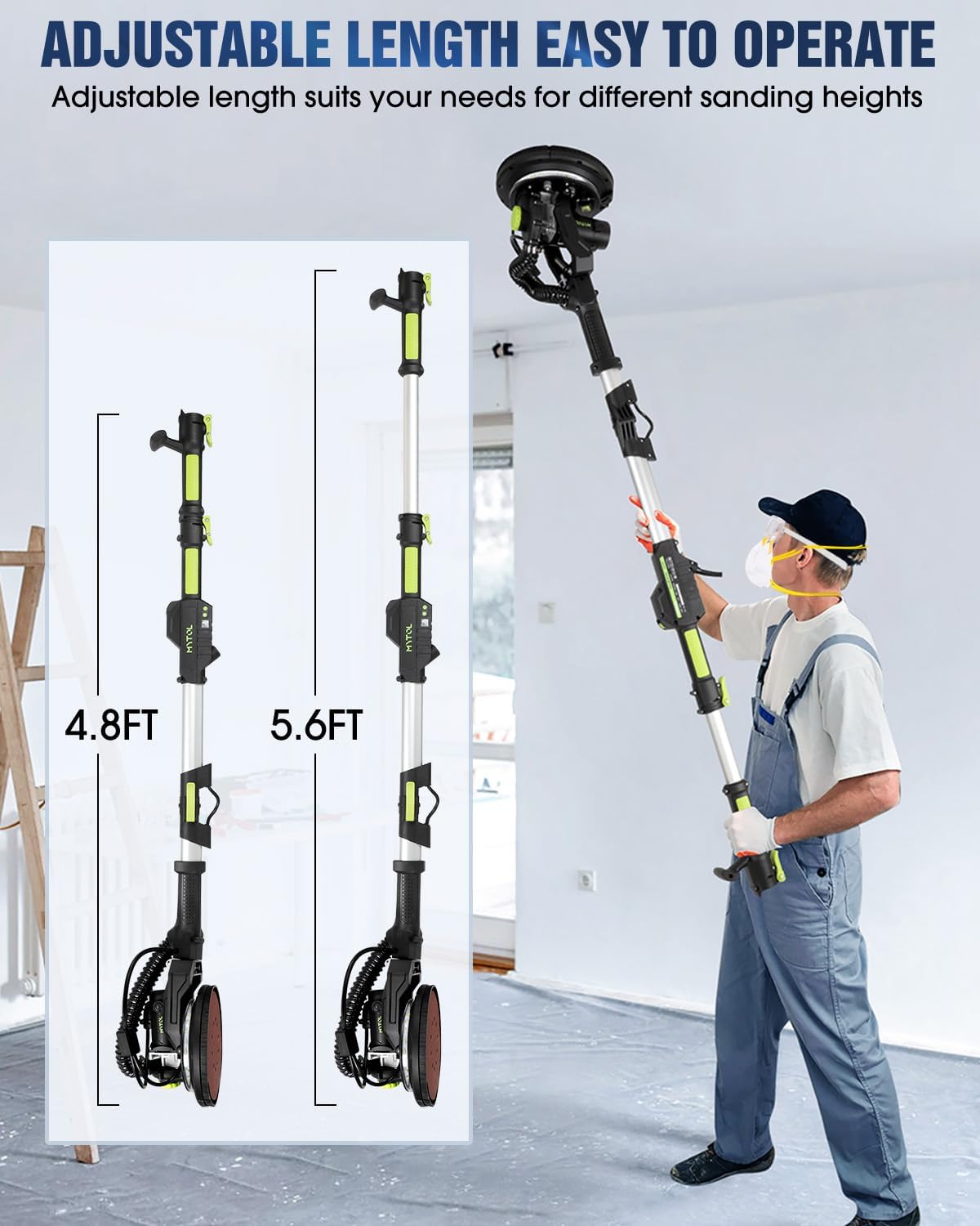 7.2A Electric Drywall Sander with Vacuum Dust Collection, LED Light, 6 Speeds, Foldable Handle, 9 Discs, 3 Sandpapers