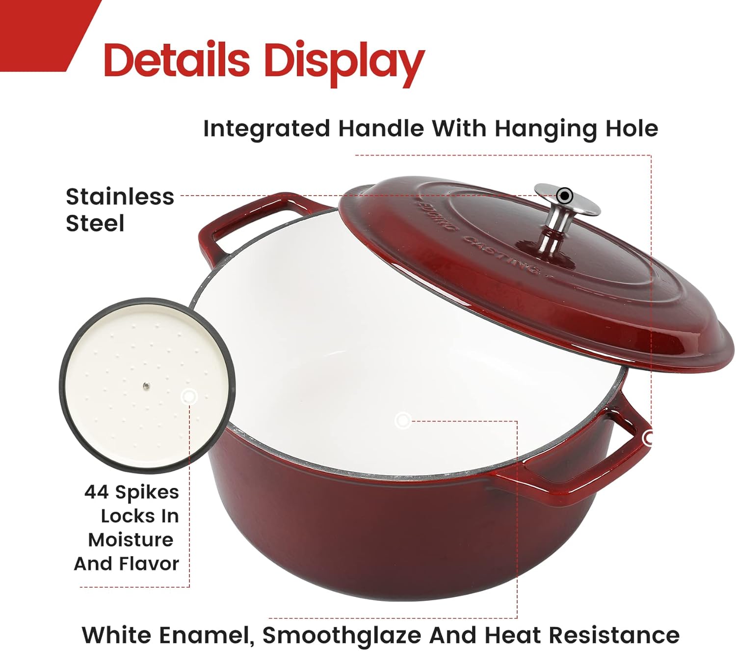 7.5 Quart Enameled Cast Iron Dutch Oven - Ideal for Bread, Soup, Meat, Baking - Wine Red Color