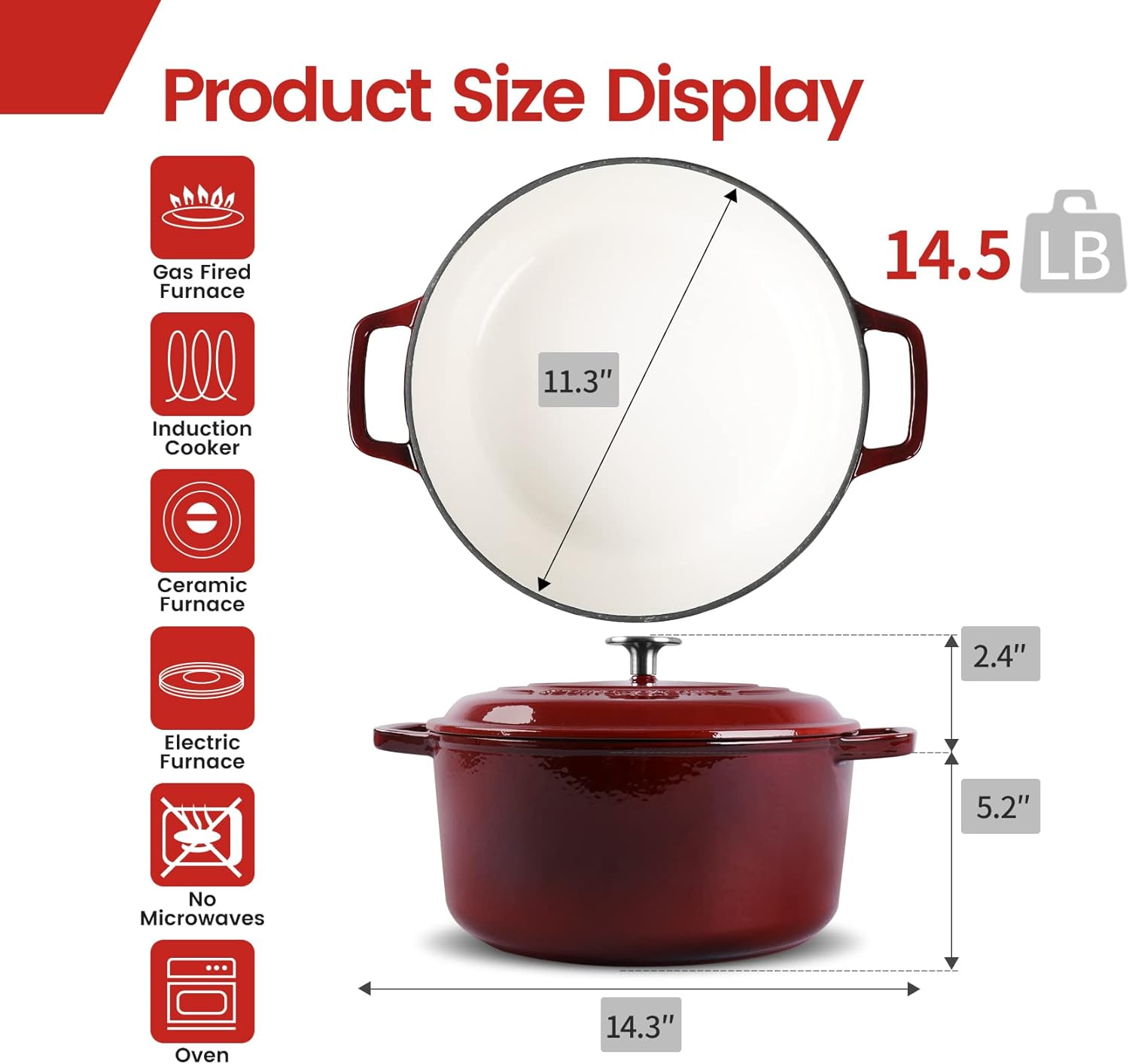 7.5 Quart Enameled Cast Iron Dutch Oven - Ideal for Bread, Soup, Meat, Baking - Wine Red Color